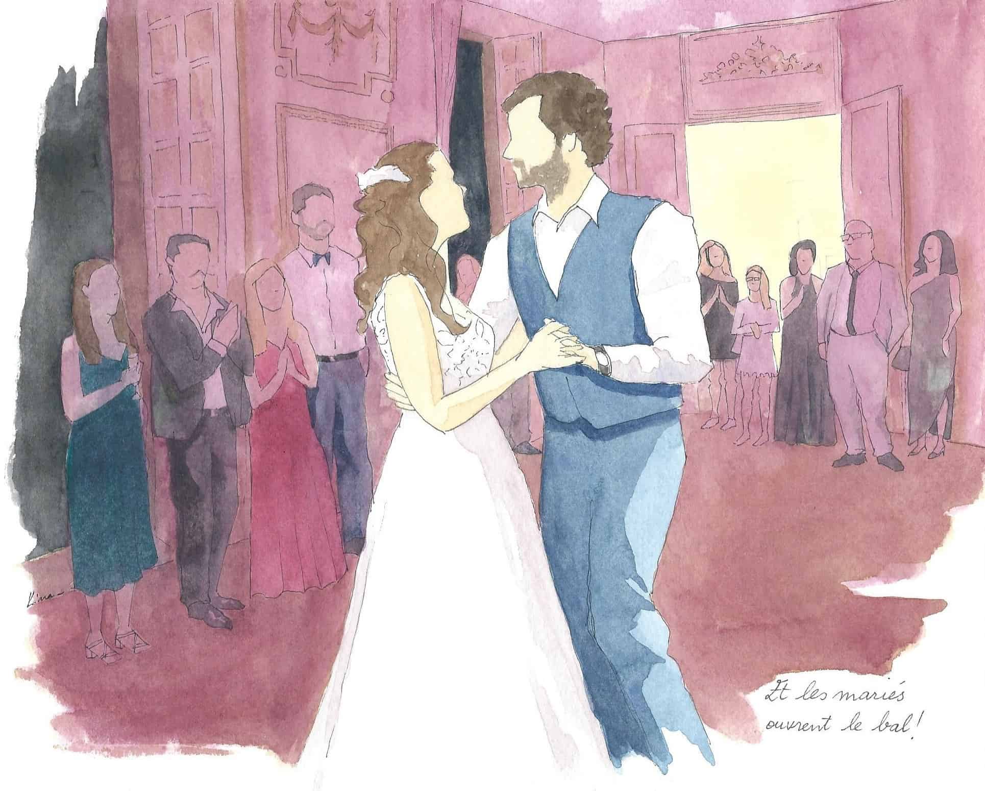 Live painting in watercolor of the first dance for the bride and groom, Aix-en-Provence, France.