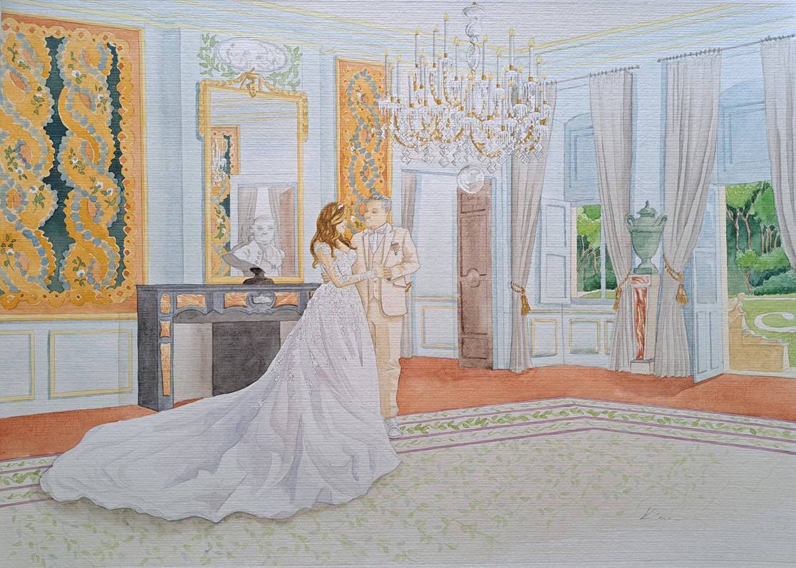 This painting represents a bride and groom in a luxury Chateau in Provence