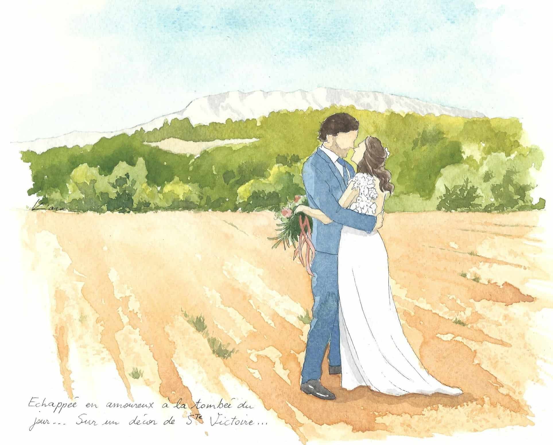 watercolor painting of the newlyweds with the Saint Victoire in background, Aix-en-Provence, France