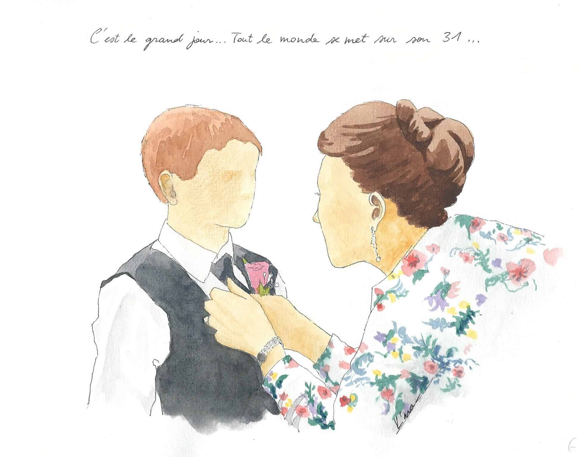 Watercolor painting: the bride with her son