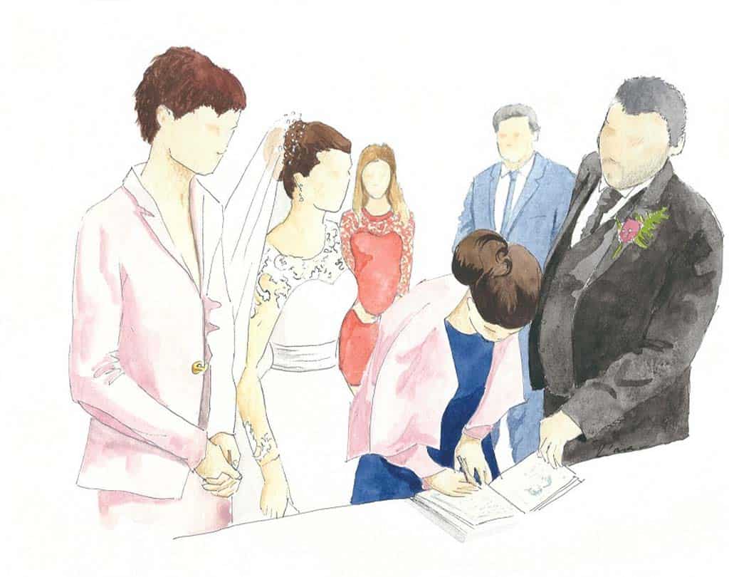 A watercolor live painting during a wedding in Spain