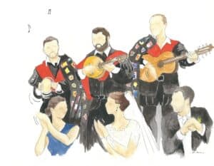 Watercolor painting for a wedding: the live music group