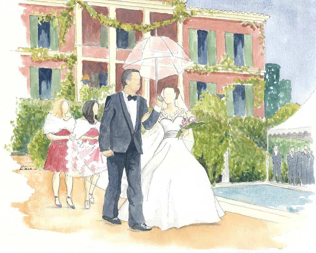A live painting extract from a wedding book: the bride and her father.