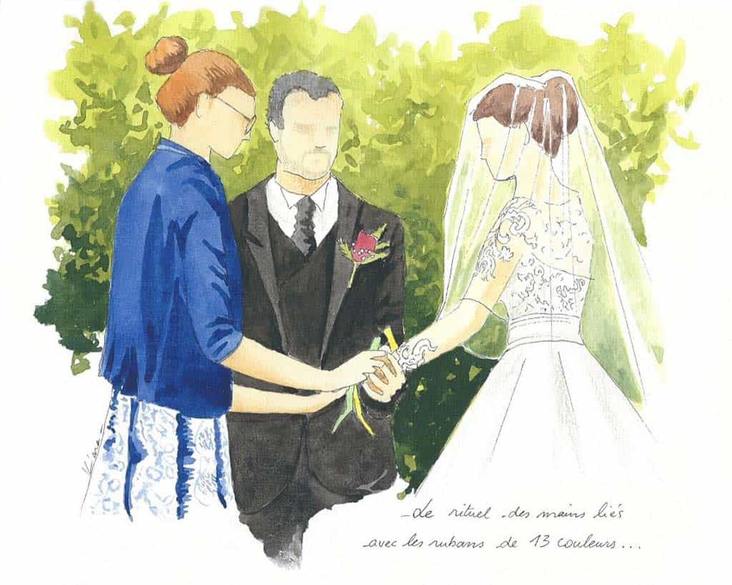A live painting extract from a wedding book: the handfasting cords ritual, Spain.