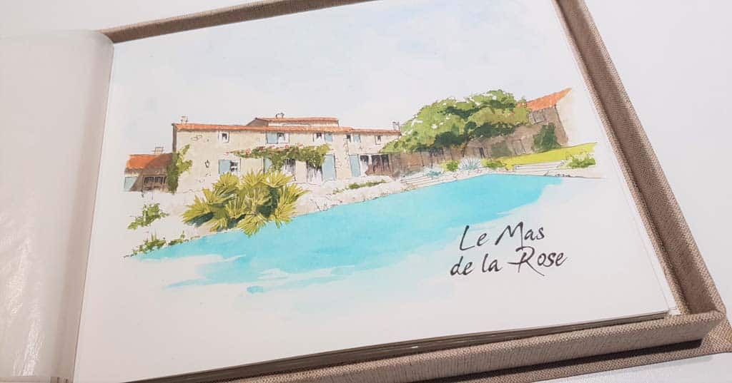 Wedding book in watercolor with the beautiful wedding place: Le Mas de la Rose in Provence
