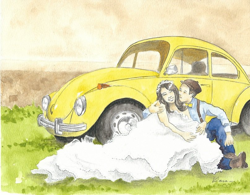A painting with the bride and groom in front of their car : original wedding gift. South of France