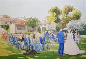 A live painting during a wedding ceremony in Provence, France