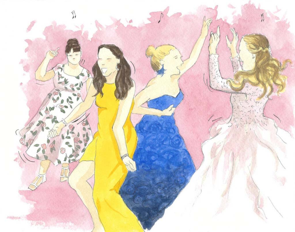 Watercolor painting of the bride dancing with her friends during her wedding