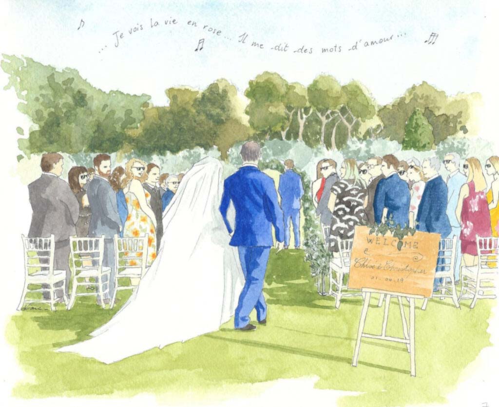 painting of a wedding cerrmony outside in Provence