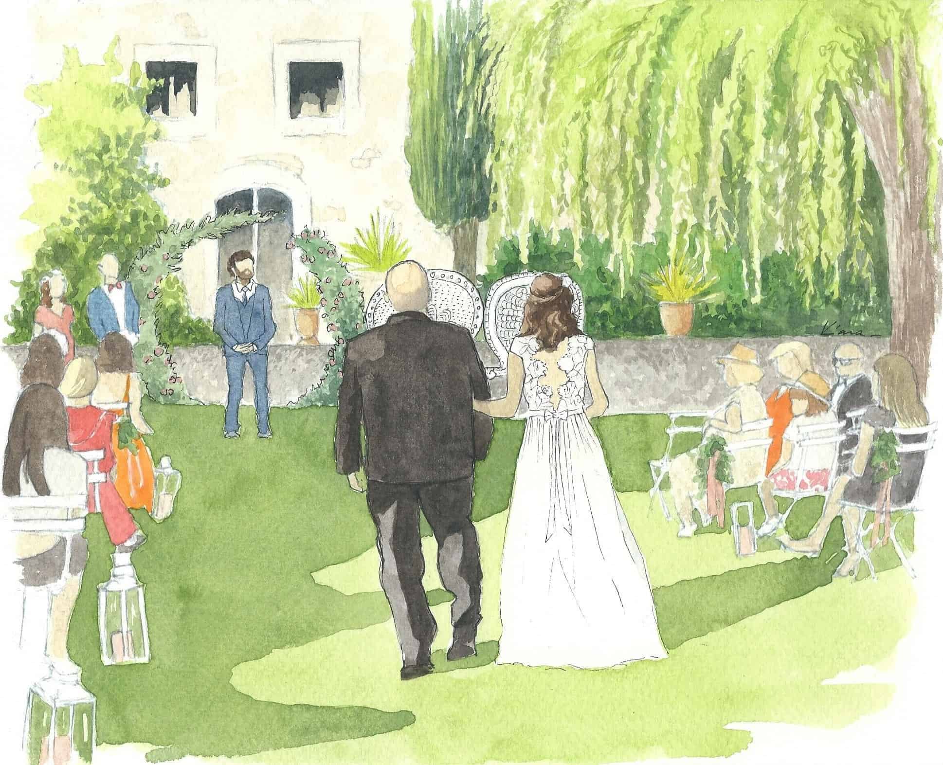 Painting of the bride and her father, wedding day in South of France