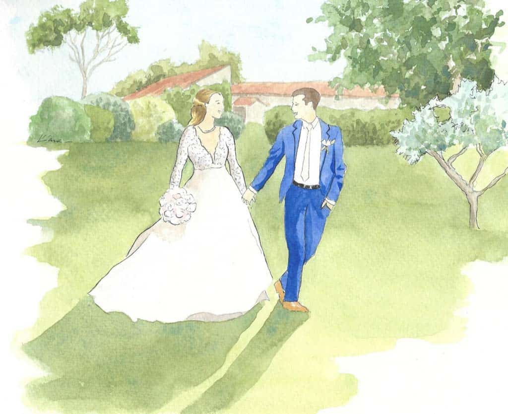 painting of the bride and groom with oliver trees for a wedding in Provence, France