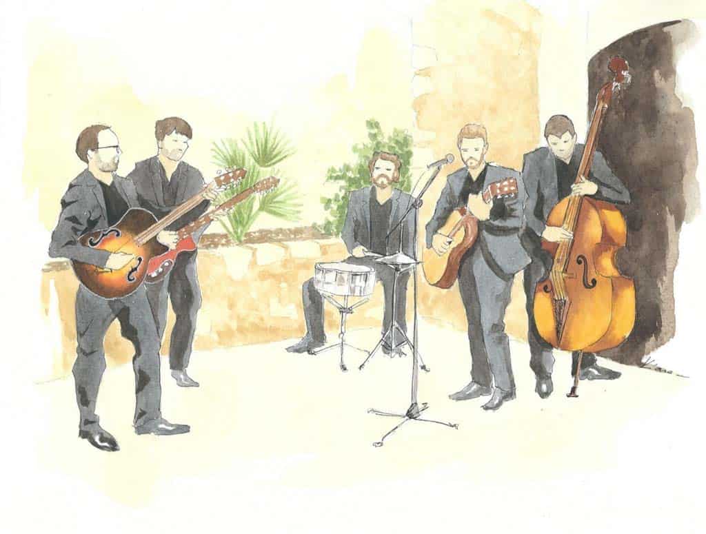 painting of a live music group during a wedding in Provence