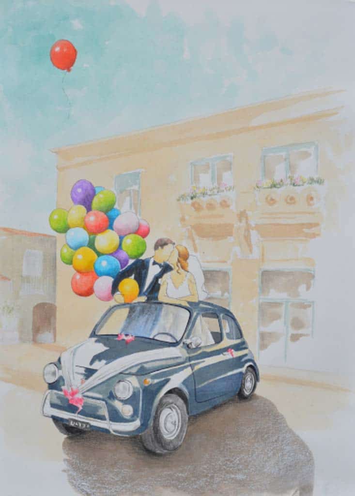 Painting with bride, groom and their wedding car : an original wedding gift in St Tropez, French Riviera.