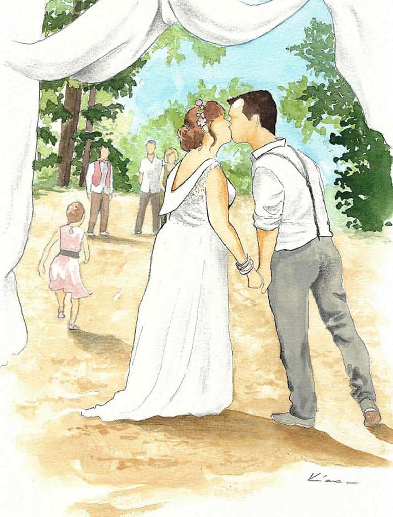 An original wedding gift idea: a painting with a bride kissing her groom. South of France.