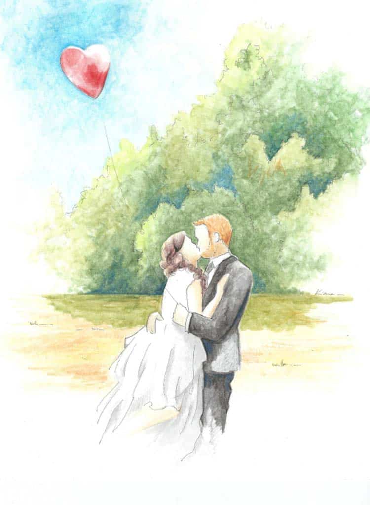 An original wedding gift idea: a painting with a bride kissing her groom. Provence, France.