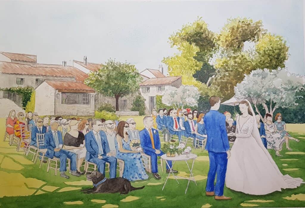 A live painting during a wedding ceremony in Provence, France